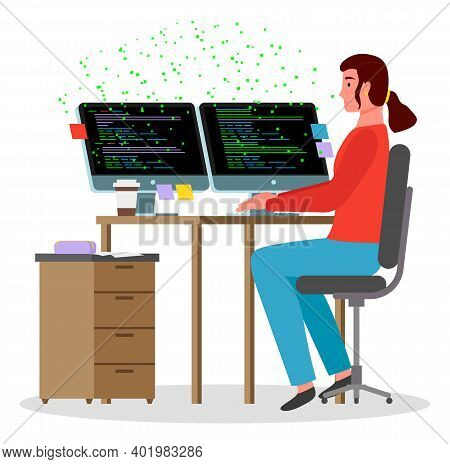 A Young Woman Sitting At A Table Writing Code On The Computer. Programmer Laptop Screen With Script.