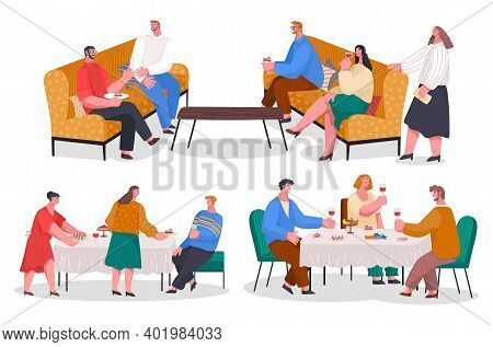 People Have Dinner, Party At Home. Family Meeting With Food And Drinks. Friends Spending Time Togeth