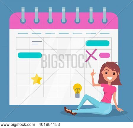 Pretty Smiling Girl Sitting Near Big Calendar. Planning Events, Meetings. Organizer Or Event Planner