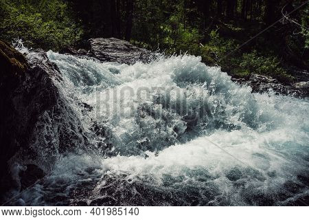 Big Rapids Of Powerful Mountain River. Beautiful Background With Azure Water In Fast River. Frozen M