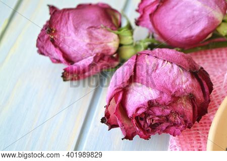 Dried Flowers Of Pink Rose On Blue Wooden Table. Romantic Card. Vintage Background