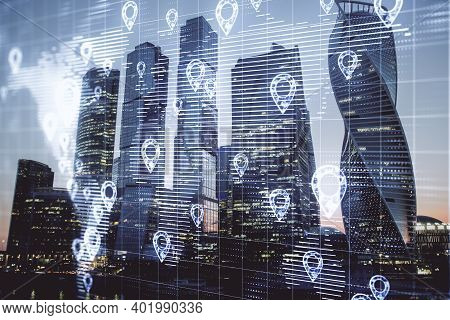 Digital Glowing Geolocation Interface With World Map On Skyscraper Background. Geolocation And Distr