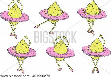 Vector Illustration Set Of Lemons Dancing In Ballet Tutu. Dancing Fruits Design.