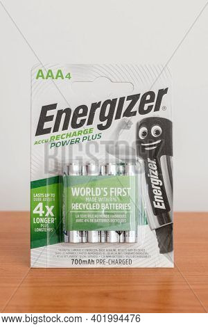 Pruszcz Gdanski, Poland - October 9, 2020: Energizer Accu Recharge Power Plus Rechargeable Aaa Batte