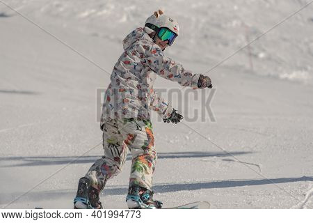 Grandvalira, Andorra: 2021 January 03: Young Woman Skiing In The Pyrenees At The Grandvalira Ski Res