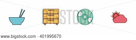 Set Bowl With Chopsticks, Furniture Nightstand, Cd Or Dvd Disk And Sun Cloud Weather Icon. Vector