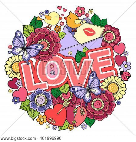 Valentine's Day Card. Wedding Invitetion. Round Shape Made Of Abstract Flowers, Butterflies, Birds K