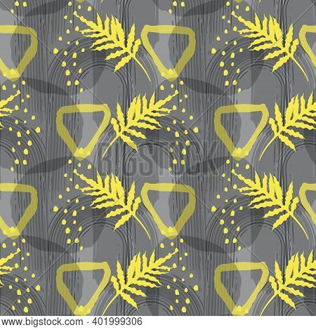 Modern Trendy Mid Century Abstract Gray And Yellow Shapes Seamless Pattern. Geometric Textured Repea