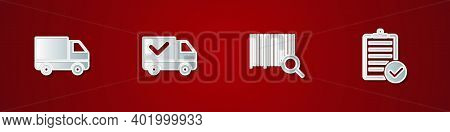 Set Delivery Cargo Truck Vehicle, With Check Mark, Search Barcode And Verification Of Delivery List 