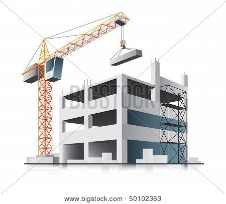 Building construction with crane