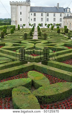 Gardens and Chateau de Villandry in Loire Valley in France
