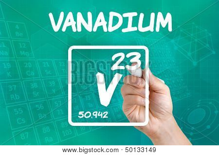 Hand drawing the symbol for the chemical element Vanadium