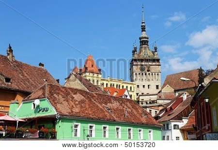 รายละเอียดงานสถาปัตยกรรมในเมืองยุคกลาง Sighisoara ทรานซิลเวเนีย โรมาเนีย