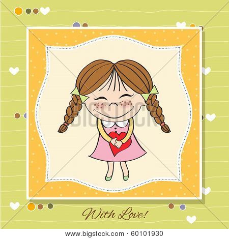 Funny Girl With Hearts. Doodle Cartoon Character.