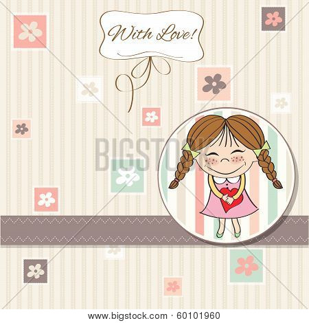 Funny Girl With Hearts. Doodle Cartoon Character.