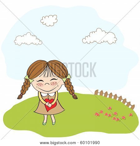 Funny Girl With Hearts. Doodle Cartoon Character.