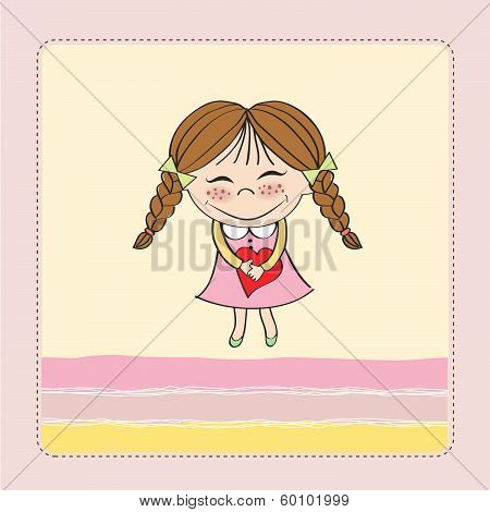Funny Girl With Hearts. Doodle Cartoon Character.
