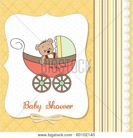 Funny Teddy Bear In Stroller, Baby Announcement Card