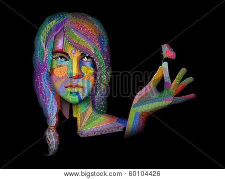 Woman Portrait With Multicolored Indian Pattern Holding Flower