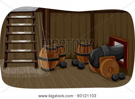 Illlustration Featuring a Gun Deck Used to Store Cannonballs, Barrels of Gunpowder, and a Cannon