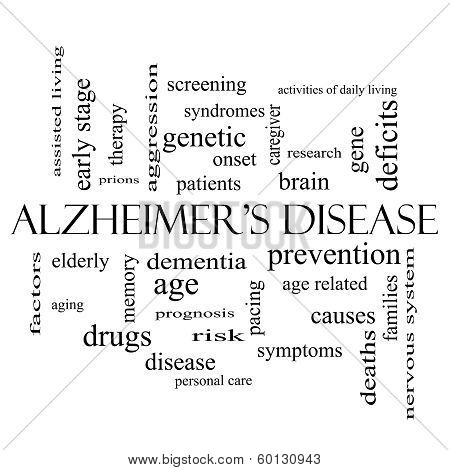 Alzheimer's Disease Word Cloud Concept In Black And White