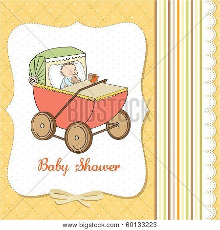 Baby Boy Shower Card With Retro Strolller