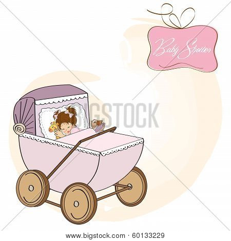 Baby Girl Shower Card With Retro Strolller