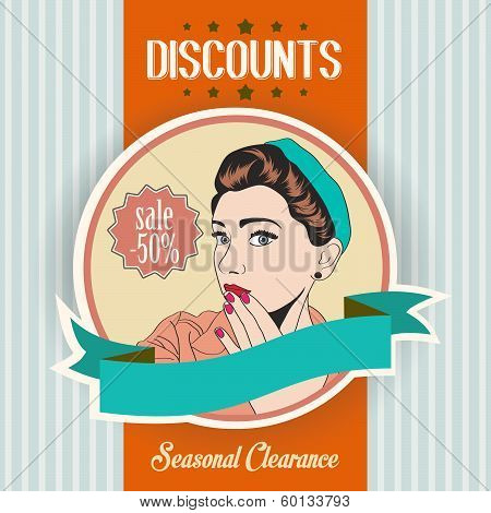 Retro Illustration Of A Beautiful Woman And Discounts Message