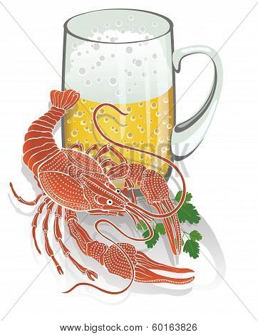 Boiled Cancer With A Mug Of Beer. Illustration