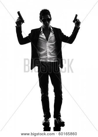 one asian gunman killer  standing in silhouette isolated white background