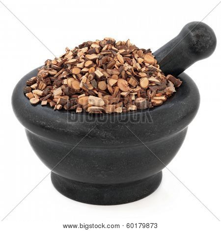 Cinnamon twig chinese herbal medicine in a black stone mortar with pestle over white background. Gui zhi.