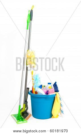 cleaning supplies on white background