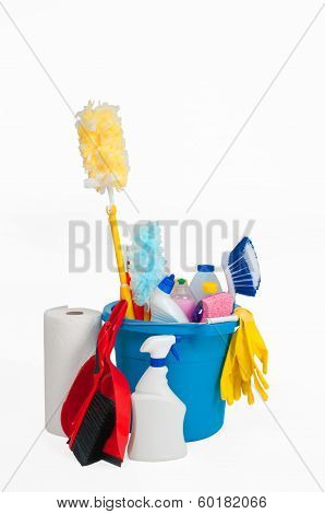 cleaning supplies on white background