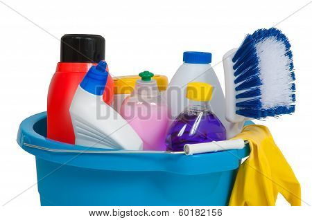 cleaning supplies in bucket