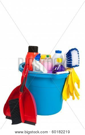 cleaning supplies in bucket