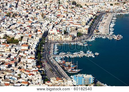 An aerial view of the city of Pothia. Greece