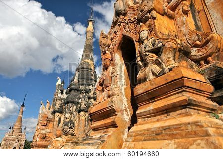 INDEIN, MYANMAR - DEC 12, 2013 Pagodas with statute and bas-relief of Indein, Inle Lake, Myanmar
