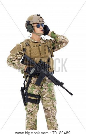 Soldier Talking Portable Radio Station. Isolated On White