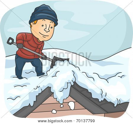 Illustration of a Man Shoveling Snow from His Roof