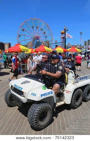 NYPD officers providing security at Coney Island Boardwalk in Brooklyn