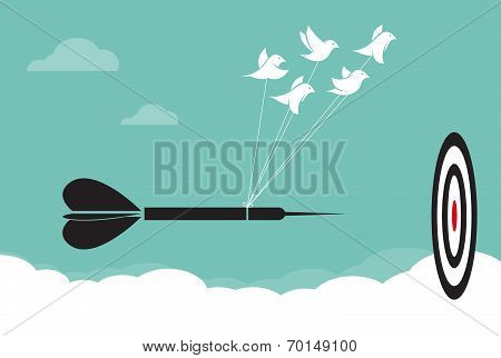 Vector Image Of Birds With Darts Target Aim In The Sky, Represents The Unity