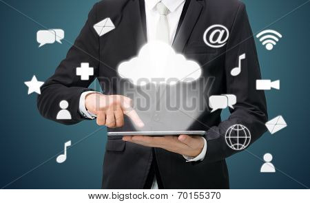 Businessman Hand Holding Tablet Cloud Connectivity