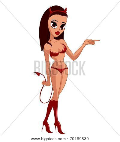 Charming devil girl pointing on something