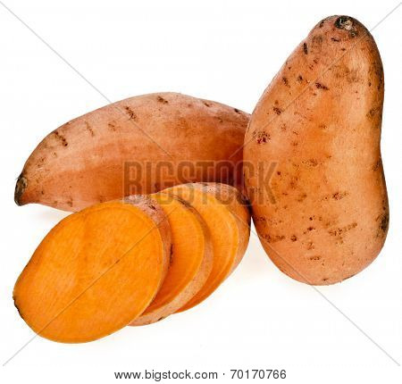 Sweet potatoes with slices isolated on white background