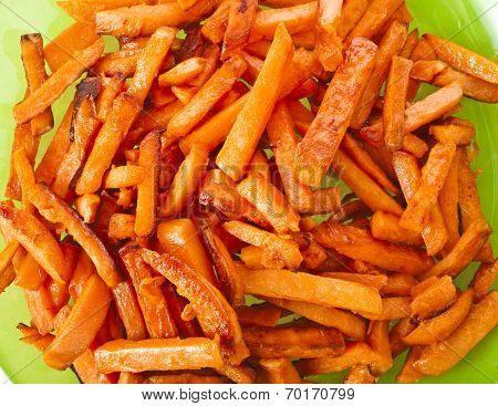  Fried Sweet Potatoes in plate top view surface close up background