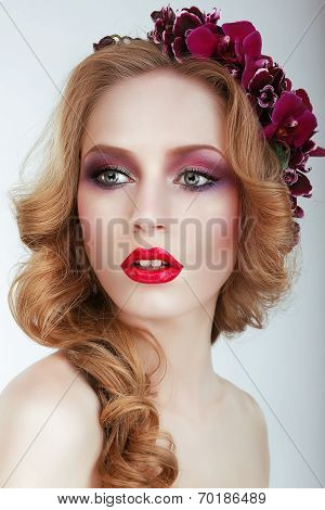 Sensual Adorable Woman With Tress And Flowers