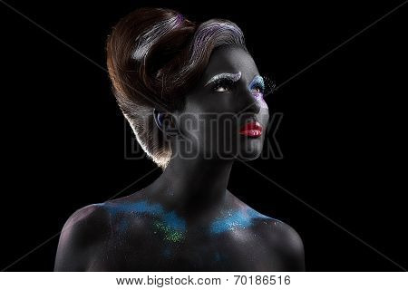 Fantasy. Artistry. Extravagant Woman With Creative Futuristic Bodyart