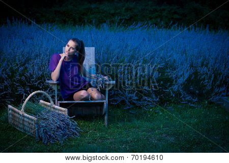 Beautiful Young Woman On Lavander Field At Dusk - Lavanda Girl
