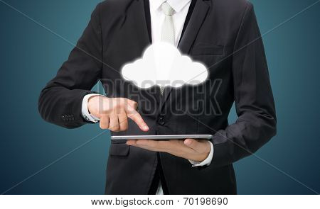 Businessman Hand Holding Tablet Cloud Connectivity