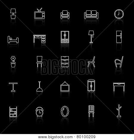 Furniture Line Icons With Reflect On Black Background